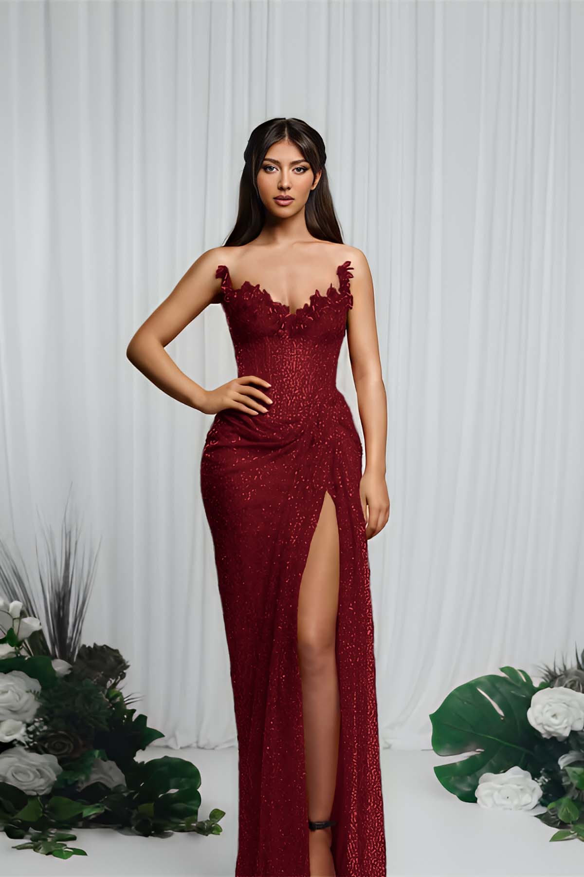 Gorgeous Red V-Neck Sequin Mermaid Prom Dress Sleeveless High Split