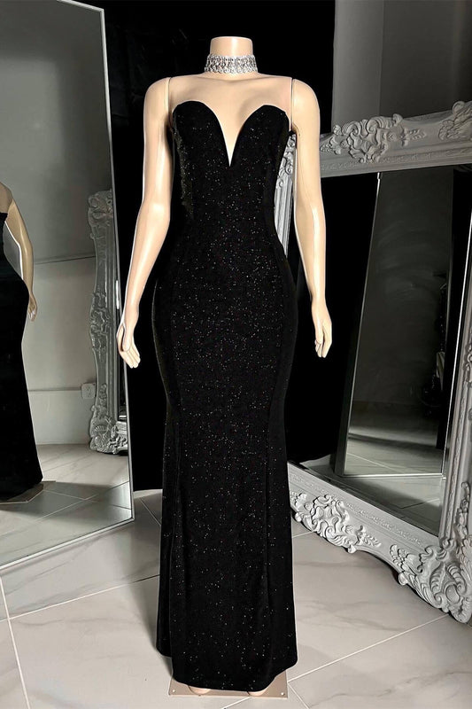 Black Sequins Prom Dress Sleevesless Long Mermaid V Neck Strapless
