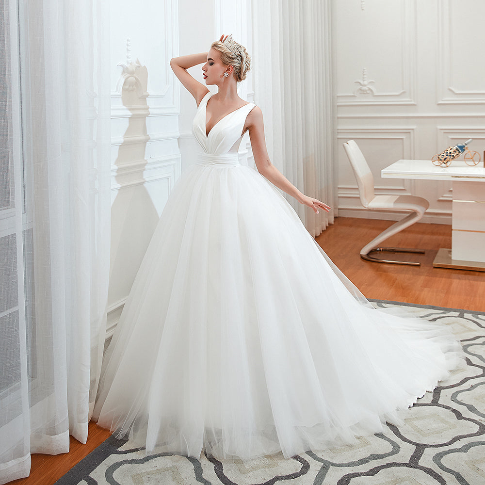 Elegant A-Line Wedding Gown with Deep V-Neck and Wide Tulle Straps