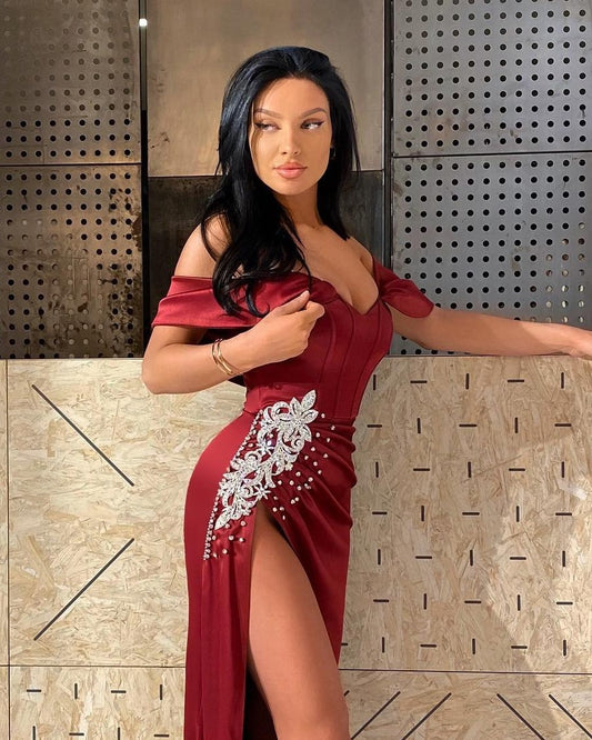 Chic Red Long Off-the-shoulder Sleeveless Prom Dress Long Slit Online |