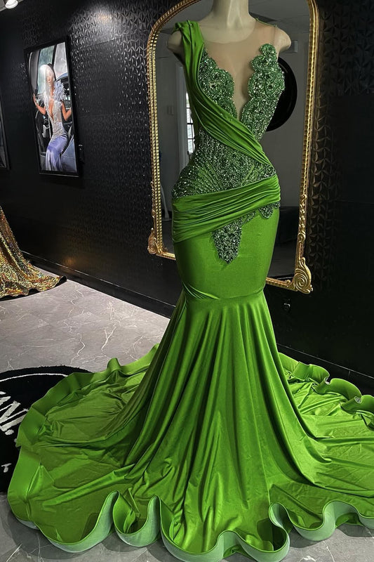 Modern Green Sleeveless Scoop Prom Dress Mermaid Long With Beadings