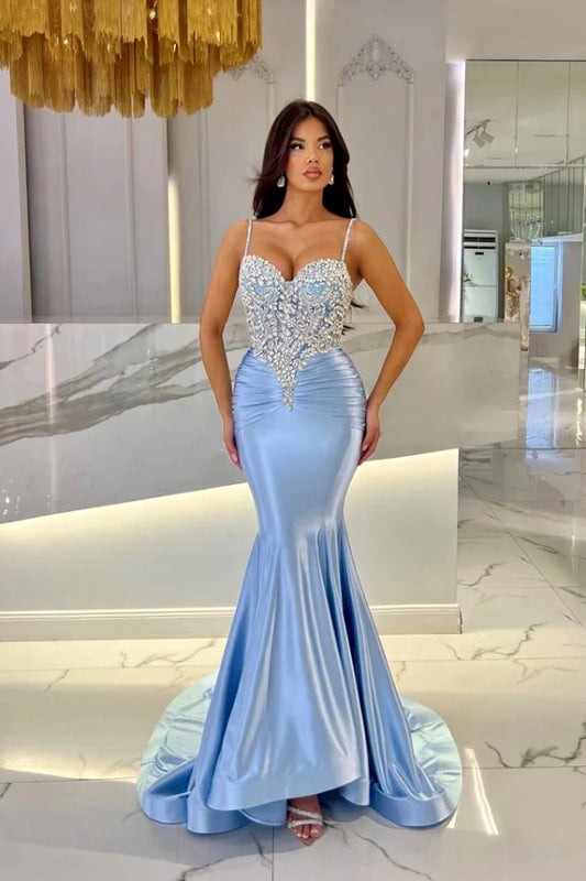 Baby Blue Mermaid Prom Dress Long Sweatheart Sleeveless with Beads