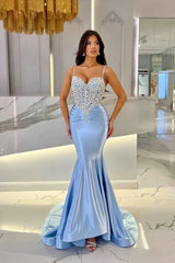 Baby Blue Mermaid Prom Dress Long Sweatheart Sleeveless with Beads