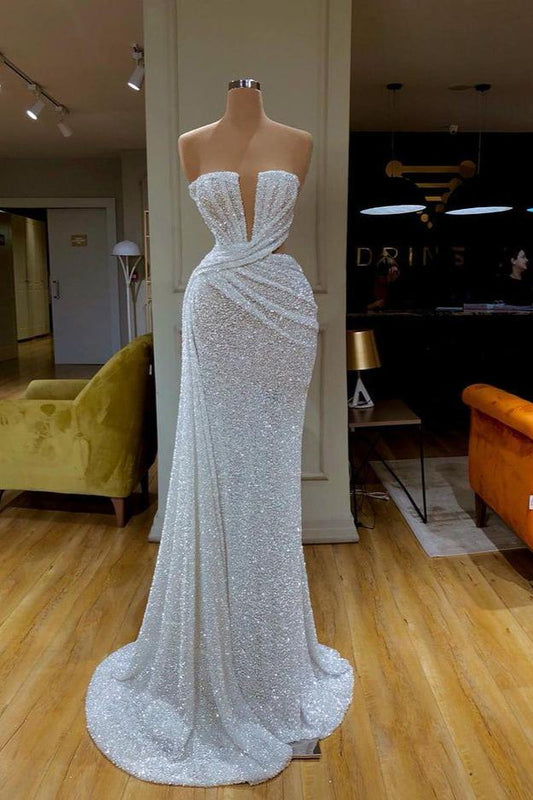  Gorgeous White Sequins Strapless Mermaid Prom Dress