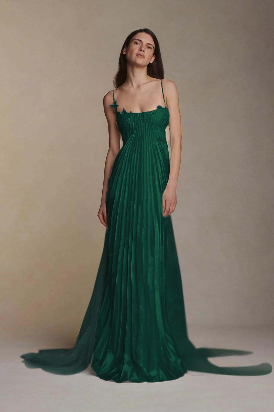 Gorgeous Ivory Appliqued Pleated Satin Backless Prom Dress