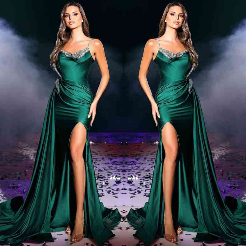 Charming One Shoulder Spaghetti-Straps Mermaid Prom Dress Split Long With Beads