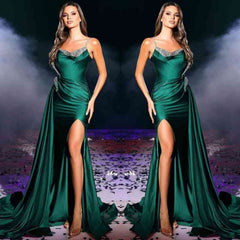 Charming One Shoulder Spaghetti-Straps Mermaid Prom Dress Split Long With Beads