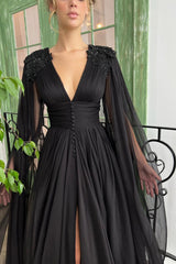 Modest Black Ruffle Sleeves Prom Dress Long Slit With Buttons