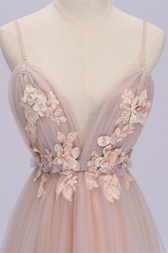 Gorgeous Blushing Spaghetti-Straps Prom Dresses Tulle Backless With Appliques