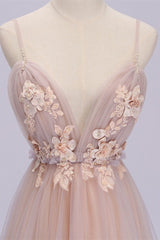 Gorgeous Blushing Spaghetti-Straps Prom Dresses Tulle Backless With Appliques