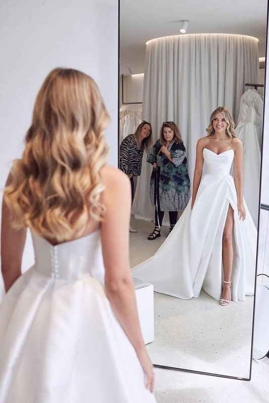 Elegant Sweetheart A-Line Satin Wedding Dress with Floor-length Ruffled Slit