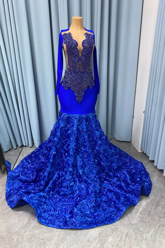 Stunning Royal Blue Long Sleeves Prom Dress Mermaid Beadings With Flowers Bottom