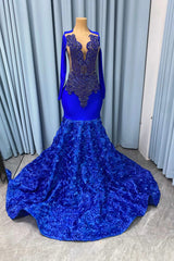Stunning Royal Blue Long Sleeves Prom Dress Mermaid Beadings With Flowers Bottom