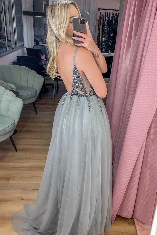 Modern V-Neck Straps A-Line Tulle Prom Dress Sequins Beadings With Split