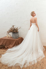 Elegant Deep V-neck A-Line Open Back Wedding Gown in Lace Tulle
