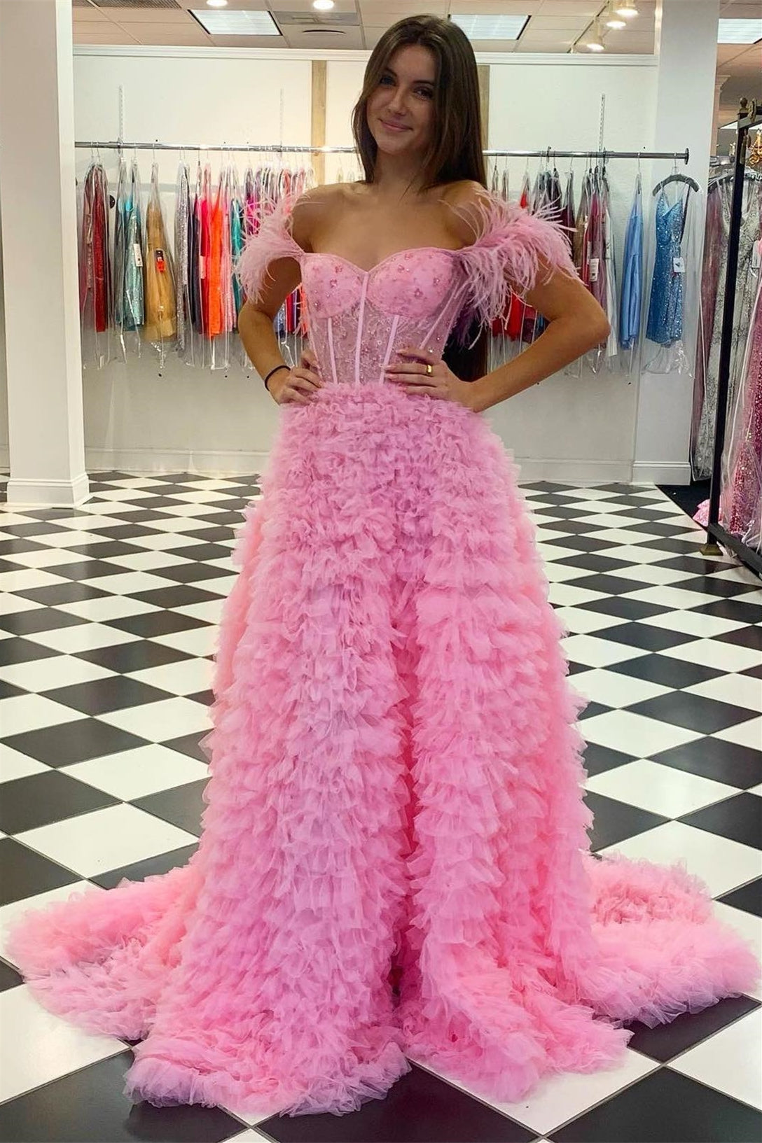 Off-the-Shoulder Pink Prom Dress Feather With Tulle Split