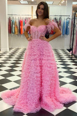 Off-the-Shoulder Pink Prom Dress Feather With Tulle Split