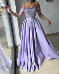Beautiful Lilac Off-the-Shoulder Long Sleeves Prom Dresses Long With Beads Pearls