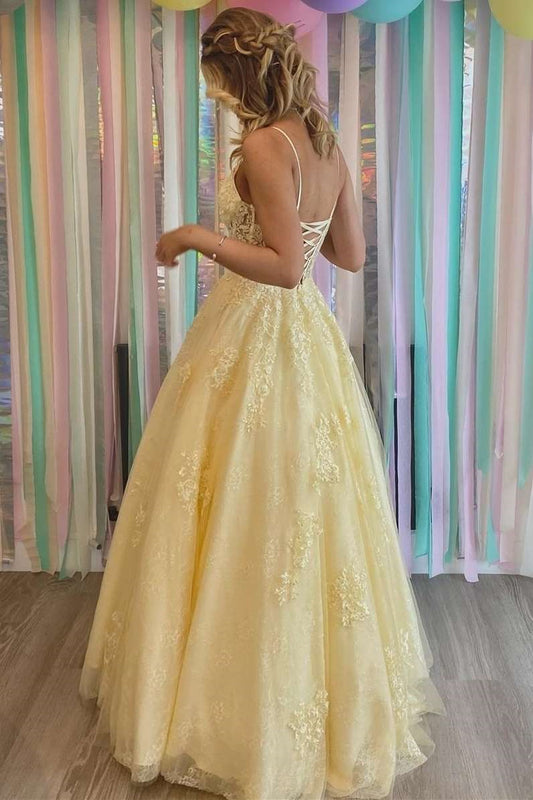 Classy Daffodil Spaghetti-Straps Sleeveless Prom Dress Long With Appliques