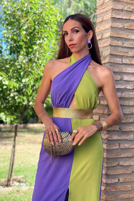 High Neck Contrasting Colors A Line Prom Dress Split with Belt