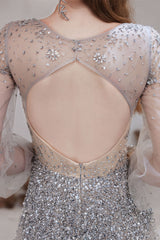 Gorgeous Long Sleeves Fairy Tulle Prom Dress Long With Beads V-Neck