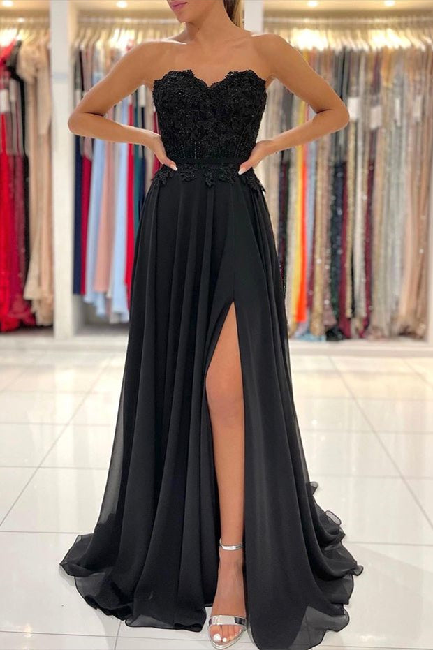 Modern Black Sweetheart Chiffon Prom Dress Appliques With Split
