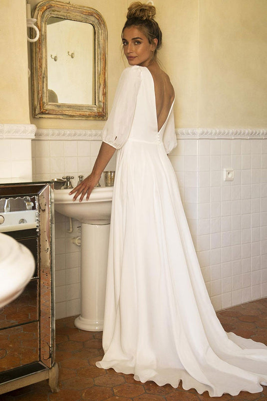 V-Neck Half-Sleeve Bridal Gown