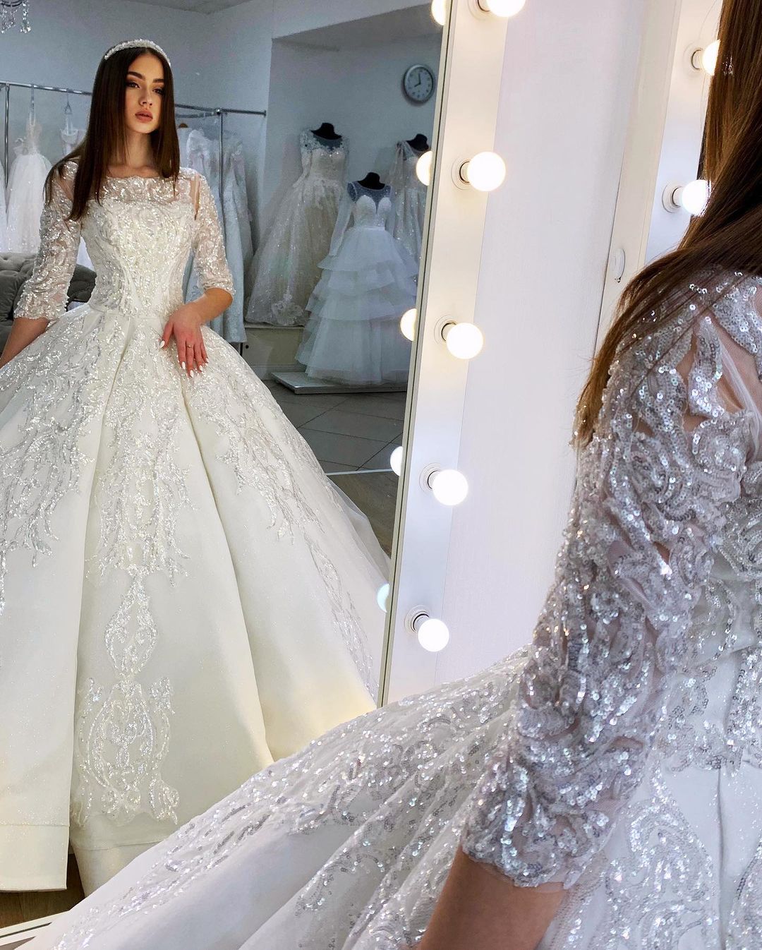 Elegant Satin Princess Bateau Wedding Gown with Long Sleeves and Lace Appliques