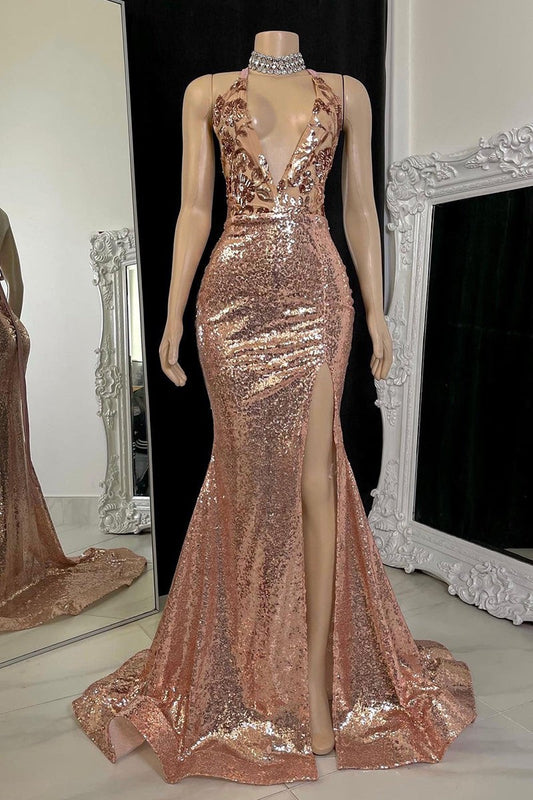 Chic V-Neck Sleeveless Slit Prom Dress With Sequins On Sale