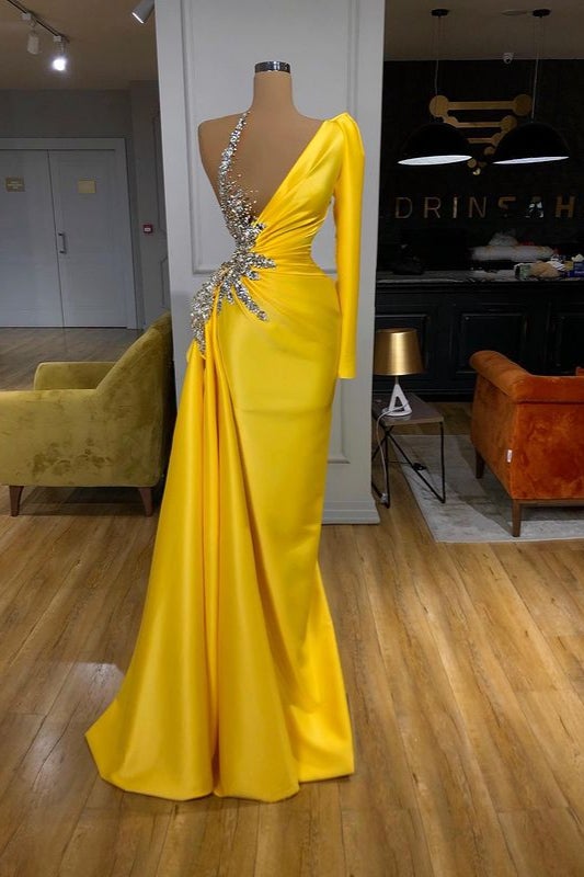 Amazing Yellow long Sleeves Mermiad Prom Dress With Beadings