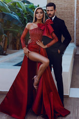 Gorgeous Long Sleeves Burgundy Prom Dress Mermaid Sequins With Split Bowknot