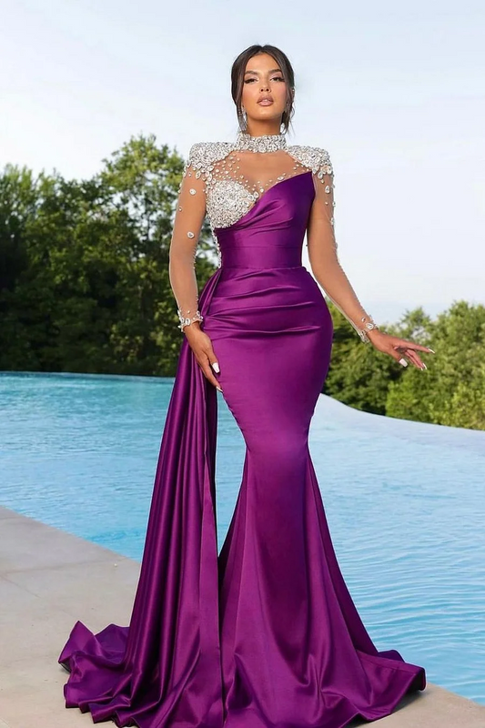Purple Prom Dress Long Mermaid Satin With Trail Beadings Long Sleeves