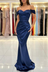 Classy Off-the-Shoulder Navy Blue Prom Dress Mermaid Long