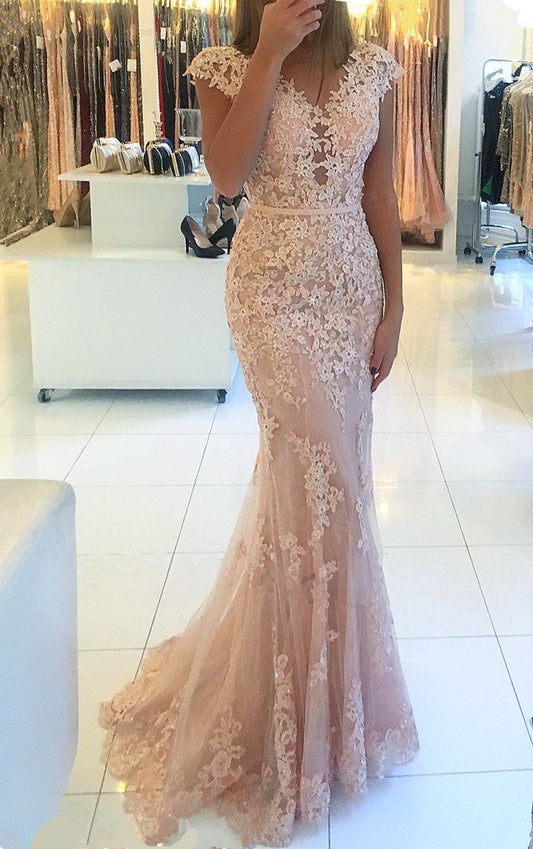 Glamorous Cap Sleeves Lace Appliques Prom Dress Mermaid Long