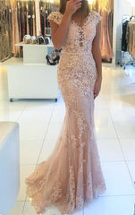 Glamorous Cap Sleeves Lace Appliques Prom Dress Mermaid Long