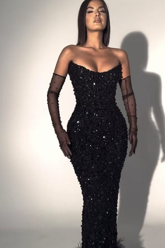 Black Strapless Beaded Prom Dress Sleeveless with Gloves