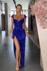 Cap Sleeve Royal Elegant Prom Dress Sequins Evening Gowns WIth Slit