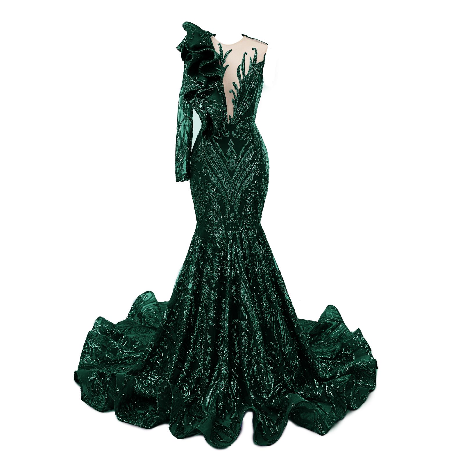 Classic One Shoulder Long Sleeves Prom Dress Mermaid Sequins With Ruffles