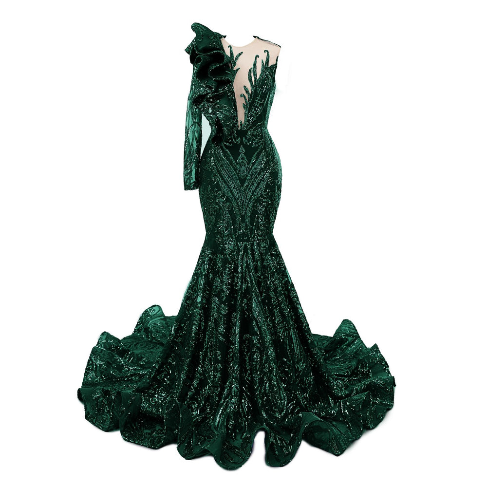 Classic One Shoulder Long Sleeves Prom Dress Mermaid Sequins With Ruffles