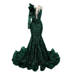 Classic One Shoulder Long Sleeves Prom Dress Mermaid Sequins With Ruffles