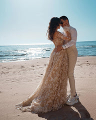 Elegant Long A-line Wedding Dress Featuring Lace and a Train