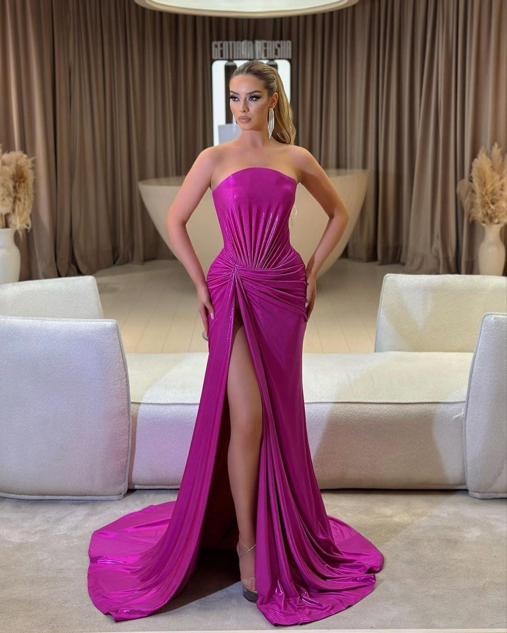 Modern Strapless High Slit Long Prom Dress With Pleats On Sale