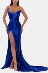 Royal Blue Prom Dress V Neck With High Slit Pleated Strapless Sleeveless