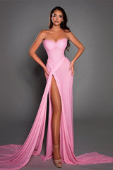 Stunning Pink Sweetheart Prom Dress High Slit Long With Beadings