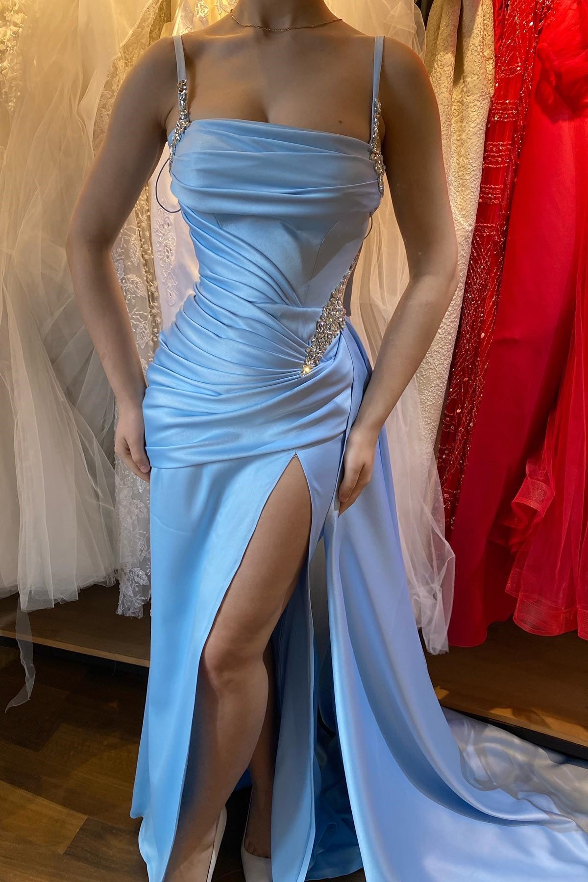New Arrival Sky Blue Off-The-Shoulder Spaghetti-Straps Mermaid Prom Dress Beaded With Split