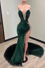 Classic Sweetheart Dark Green Prom Dress Velvet Mermaid Slit With Beads