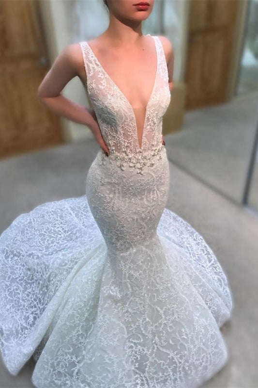 Long Sleeveless Mermaid Wedding Dress With Deep V-Neck and Lace Appliques