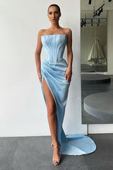 Amazing Strapless Long Prom Dress Split Evening Party Gowns