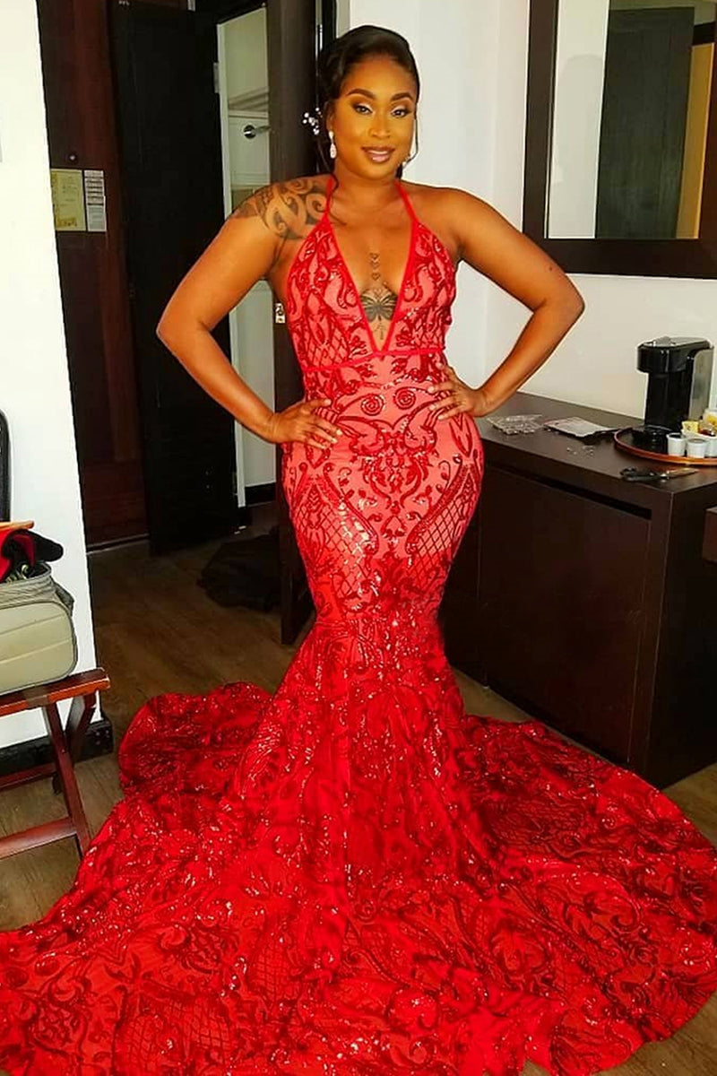 Charming Red Deep V-Neck Sleeveless Prom Dress Mermaid Sequins Long