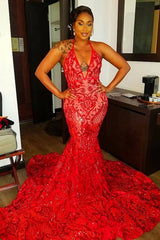 Charming Red Deep V-Neck Sleeveless Prom Dress Mermaid Sequins Long